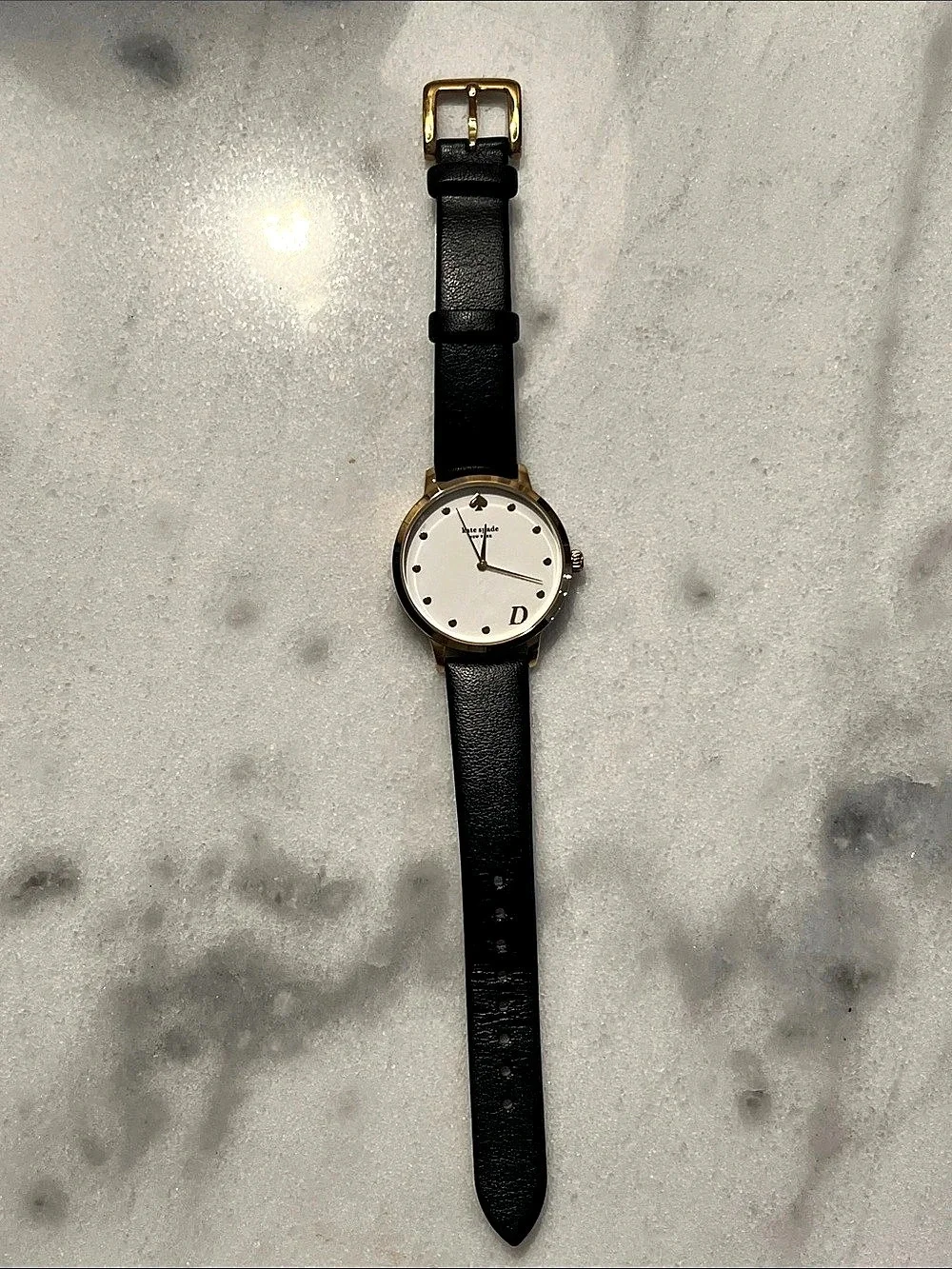 Kate Spade “D” Gold-Tone Watch with Black Leather Strap
